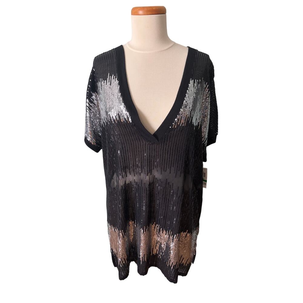 International Concepts Womens Size Large Black V-Neck Sequined Sheer Tops Blouse